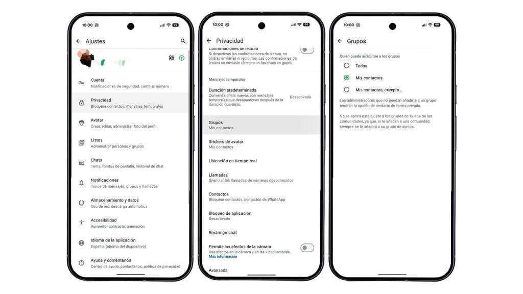 Capturas de pantalla de las opciones.