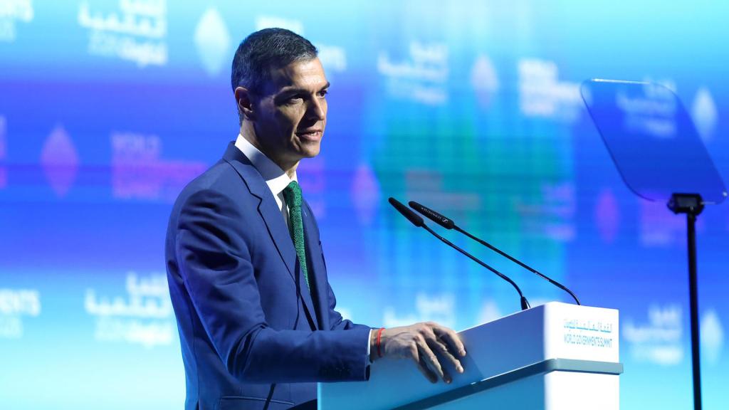 El presidente del Gobierno, Pedro Sánchez, durante su intervención este martes en Dubái.