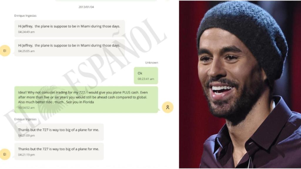 Conversación entre Enrique Iglesias y Jeffrey Epstein, después de que el segundo le contactara para comprar su avión.