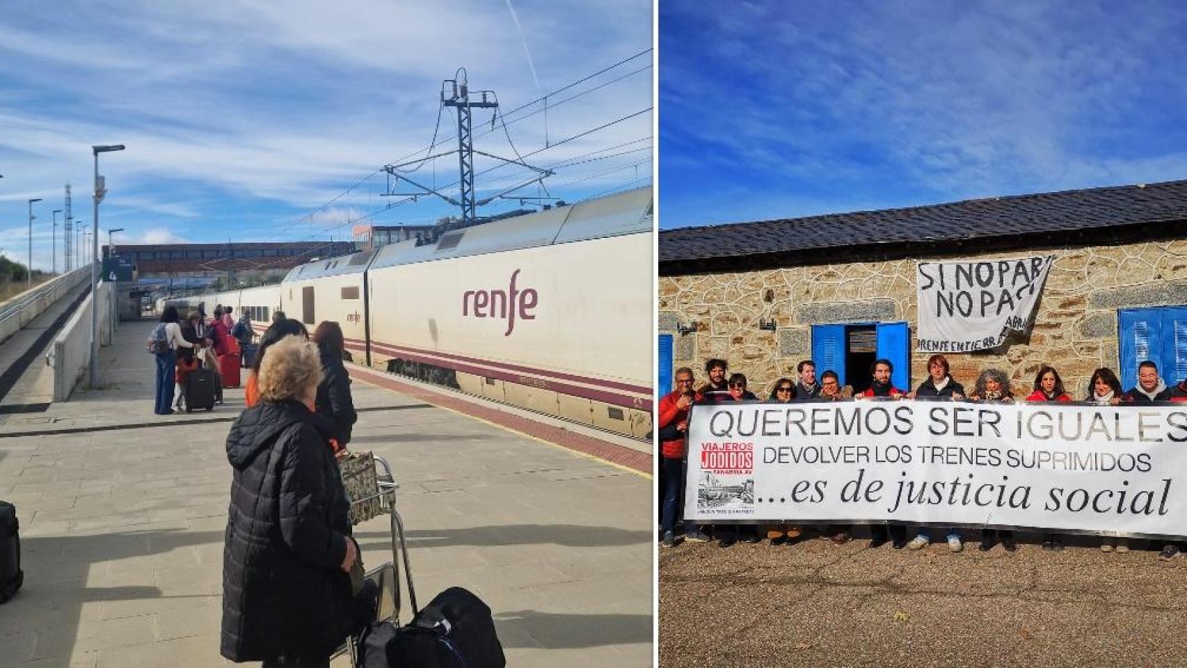 La estación de alta velocidad de Sanabria y una manifestación de la Plataforma de Viajeros Jodidos, en un montaje de EL ESPAÑOL
