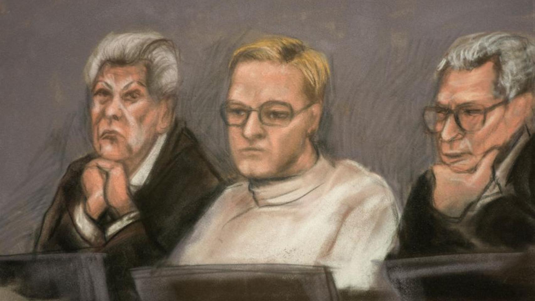 Dibujo de Marius Borg, junto a sus abogados, este martes, día 3, en Oslo.