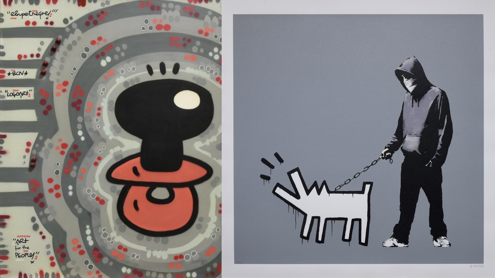 El Xupet Negre: 'Arte para el pueblo', sin fecha. Acrílico, collage y aerosol sobre lienzo. Artrust.Ch © Cortesía del artista. A la derecha, Banksy: 'Elige tu arma [Choose your weapon]', 2010. Serigrafía sobre papel.