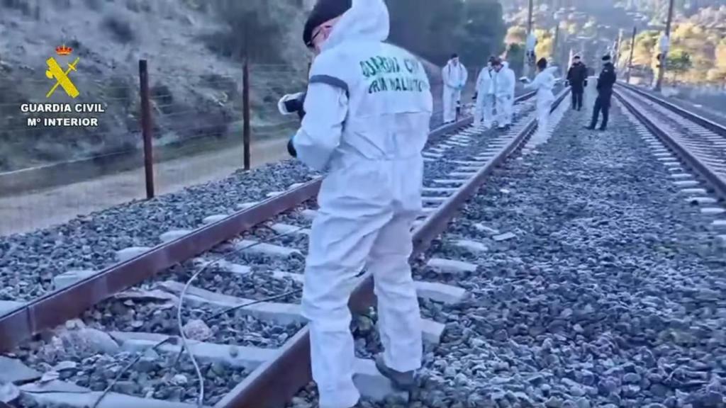 Aspecto de la vía entre el lugar de la rotura y las agujas. Se ve el carril volcado y el destrozo ocasionado en las traviesas por el arranque de las grapas .