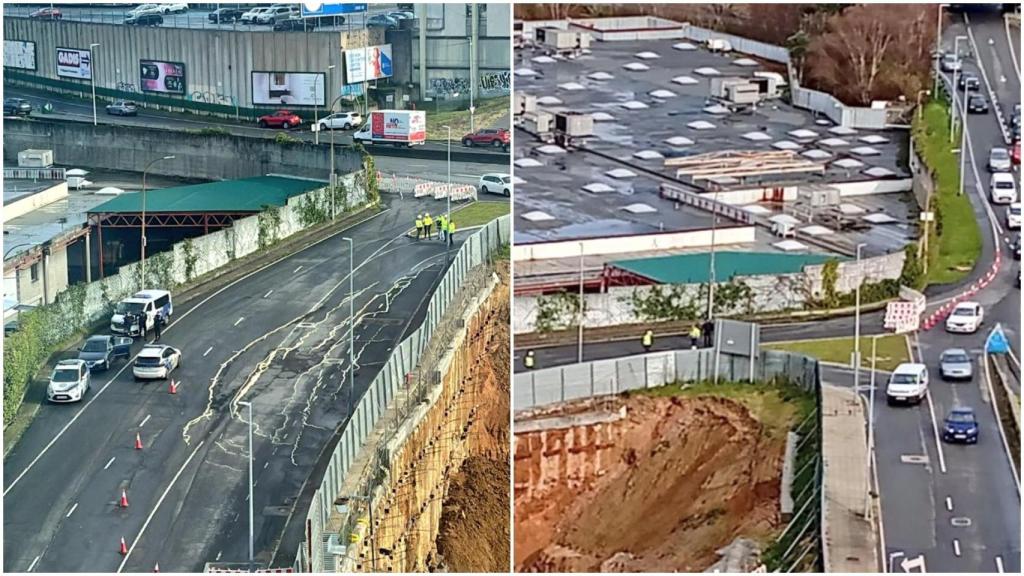Un hundimiento del firme en Someso, en A Coruña, obliga a cortar el tráfico al lado del Coliseum