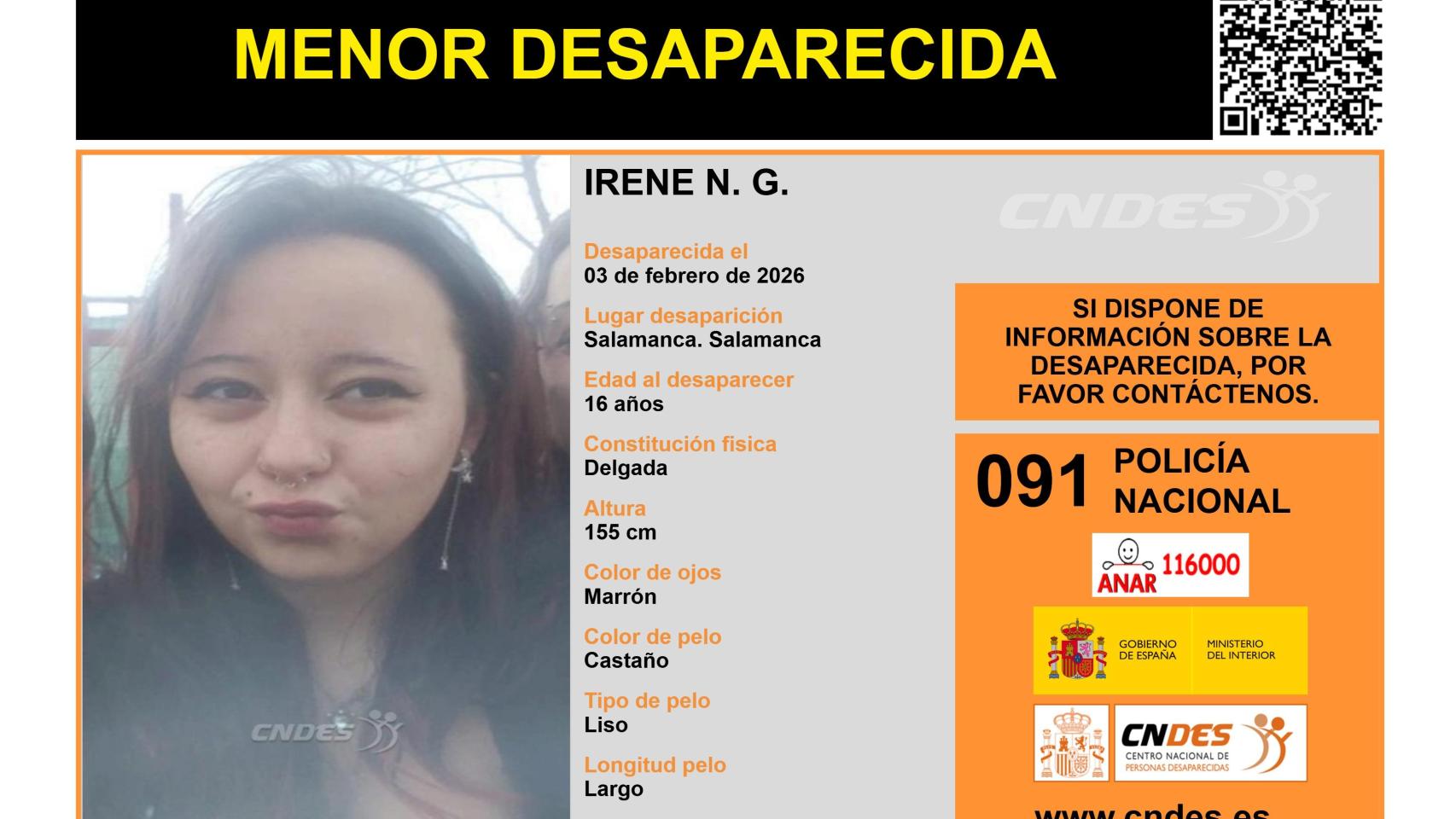 Imagen de Irene, la menor desaparecida en Salamanca.