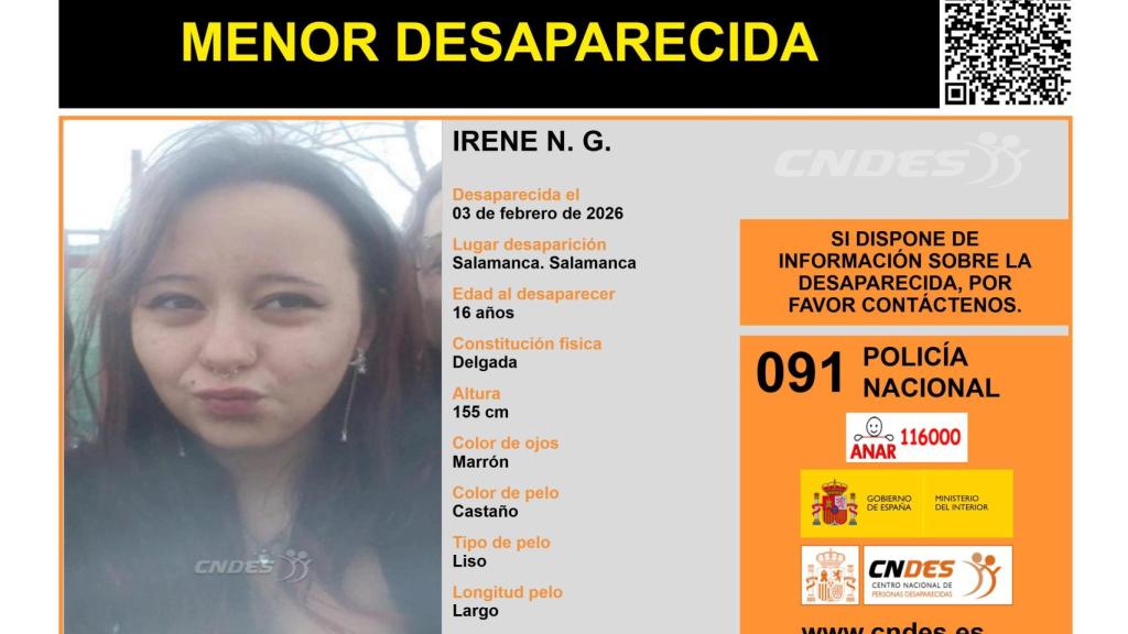 Imagen de Irene, la menor desaparecida en Salamanca.