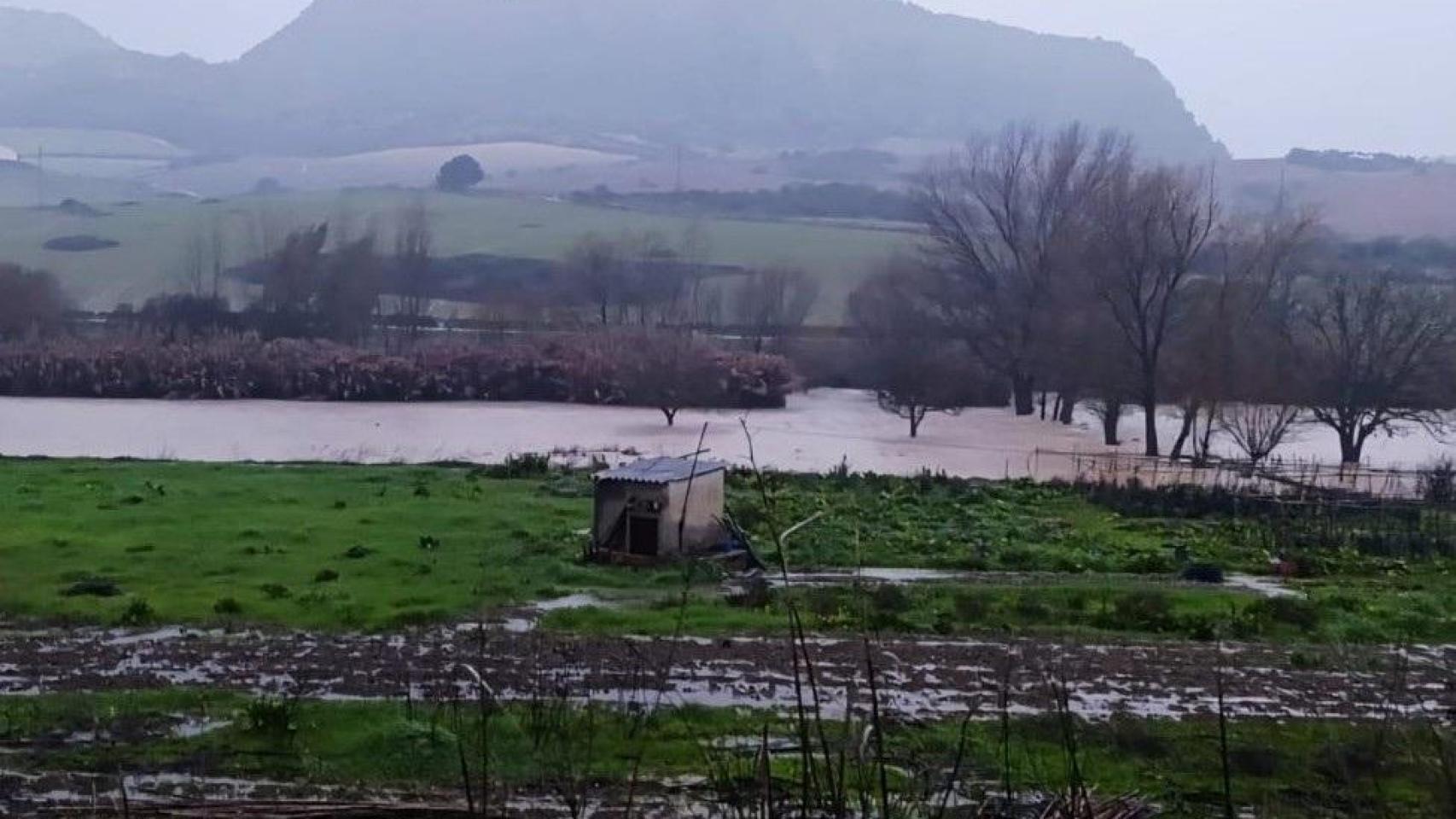 Vista de la zona rural de La Indiana, en Ronda, anegada por la crecida del río y donde se habían realizado desalojos preventivos.