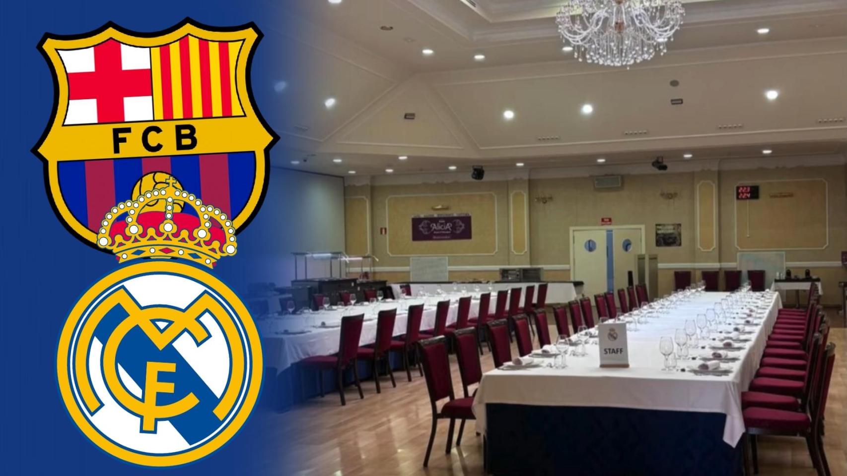 Escudos del FC Barcelona y Real Madrid junto a una imagen del salón principal del hotel.