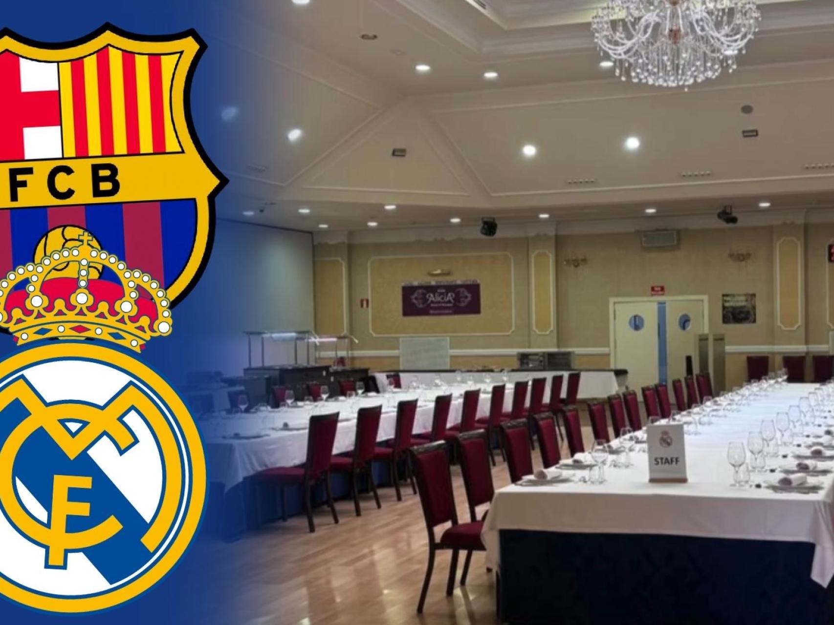 Escudos del FC Barcelona y Real Madrid junto a una imagen del salón principal del hotel.
