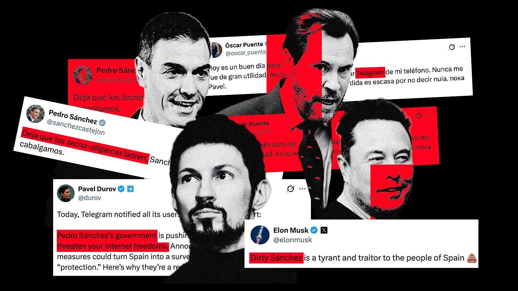 Pedro Sánchez,  Pável Dúrov, Óscar Puente y Elon Musk