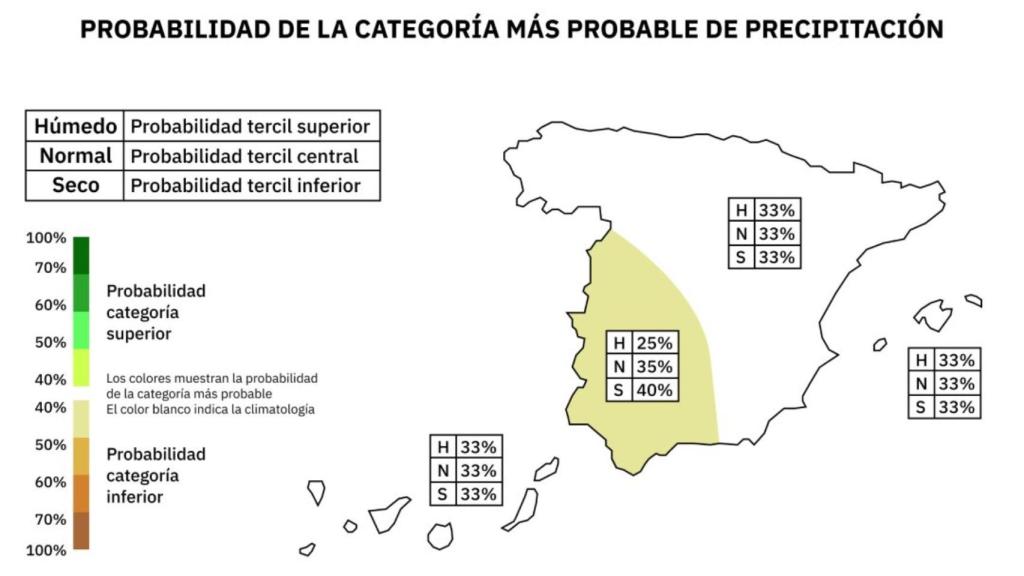 Mapa de probabilidad de las precipitaciones para los meses de diciembre, enero y febrero.