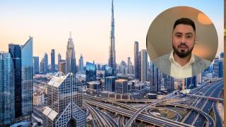 Montaje de Andrés, ingeniero colombiano, y una imagen de los rascacielos de los Emiratos Árabes.