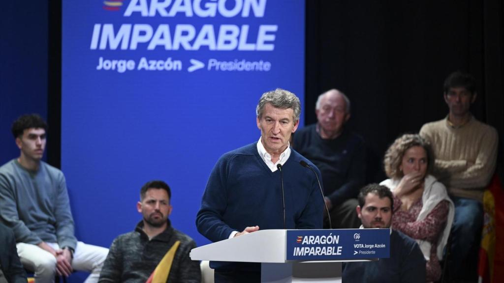 El presidente del PP, Alberto Núñez Feijóo, este miércoles en un acto en Huesca.
