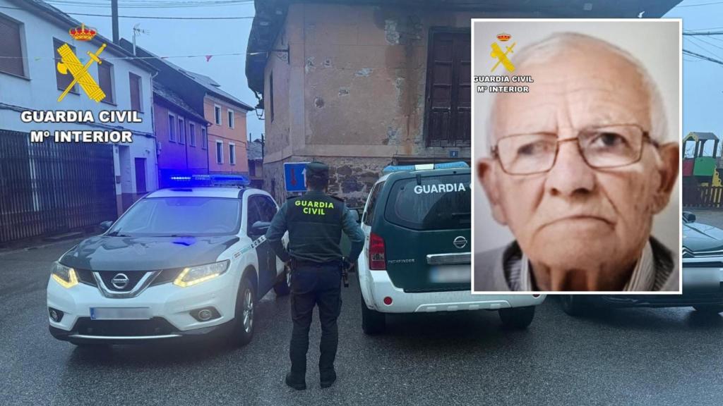 Un grupo de agentes de la Guardia Civil en el dispositivo de búsqueda del hombre en Noceda del Bierzo y el desaparecido, en un montaje de EL ESPAÑOL