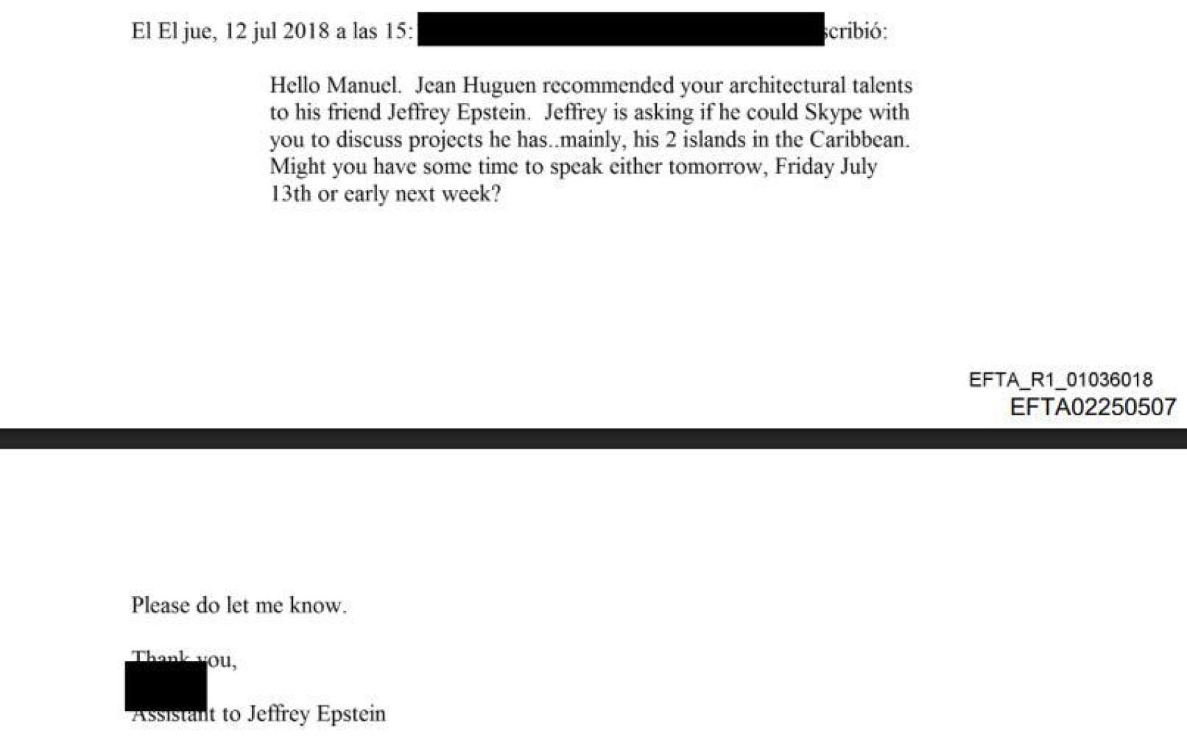 Una captura del archivo desclasificado por el Departamento de Justicia de EE.UU con el mensaje que envió Lesley Groff, asistenta de Epstein, a la empresa del Manuel Clavel, Clavel Arquitectos.