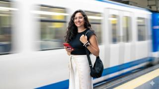 Imagen de una usuaria antes de subirse al Metro de Madrid cuya calidad ha sido mejorada por IA.