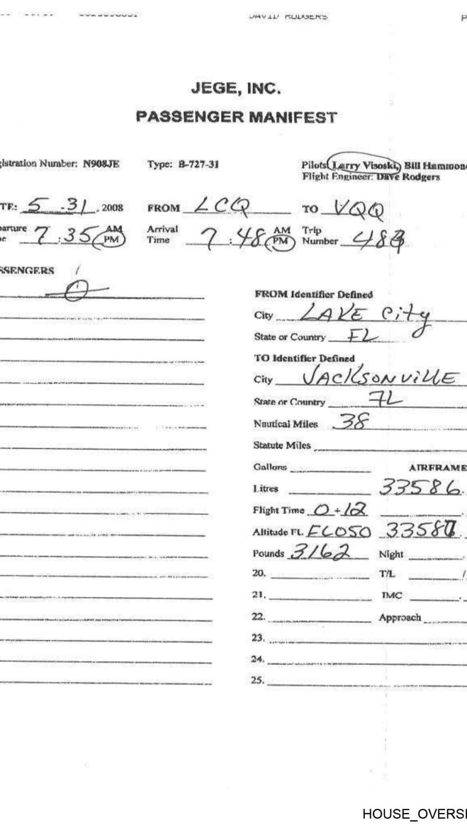 Registro del vuelo en unos de los documentos del caso Epstein