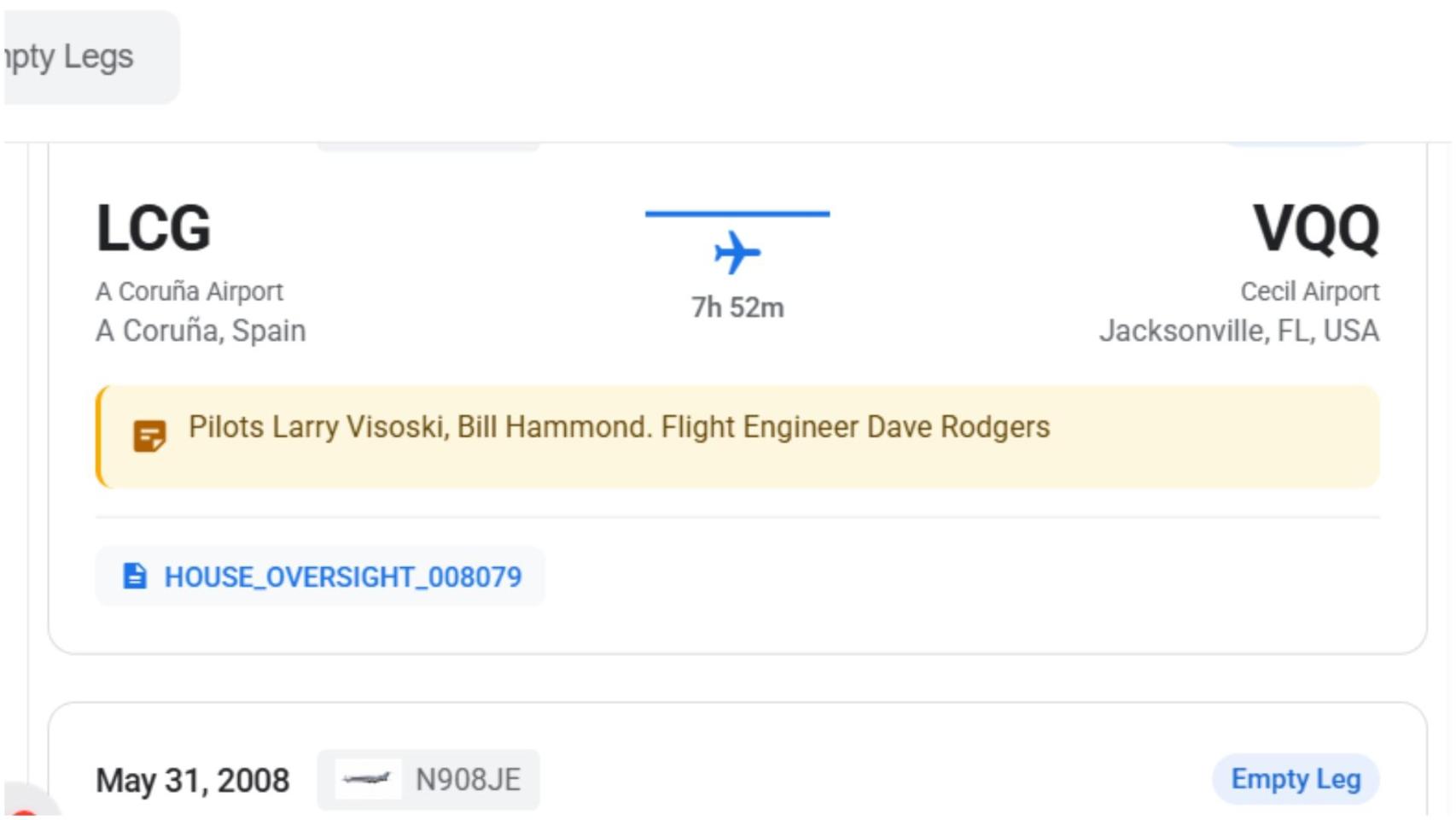 Captura del error en el código del aeropuerto que sitúa a Epstein en A Coruña en 2008
