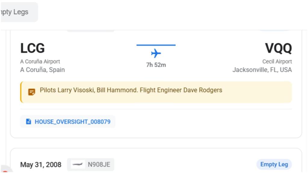 Captura del error en el código del aeropuerto que sitúa a Epstein en A Coruña en 2008