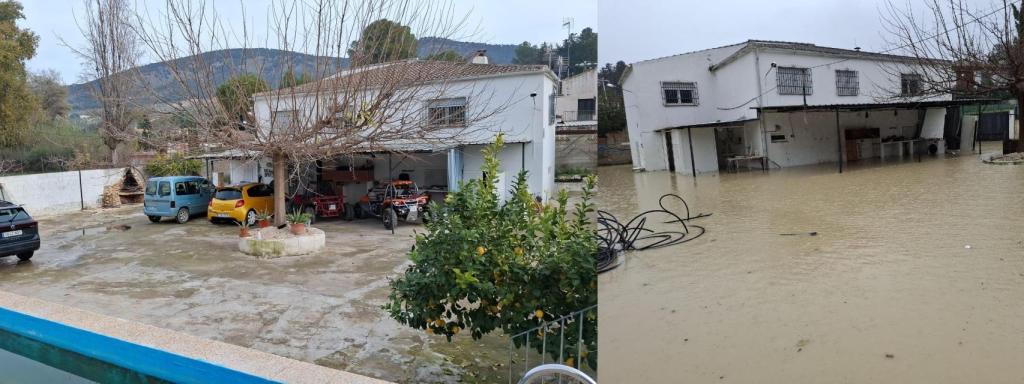 La nueva casa de Antonio, al poco tiempo de instalarse, y al lado, la finca anegada por las lluvias torrenciales de la borrasca Leonardo.