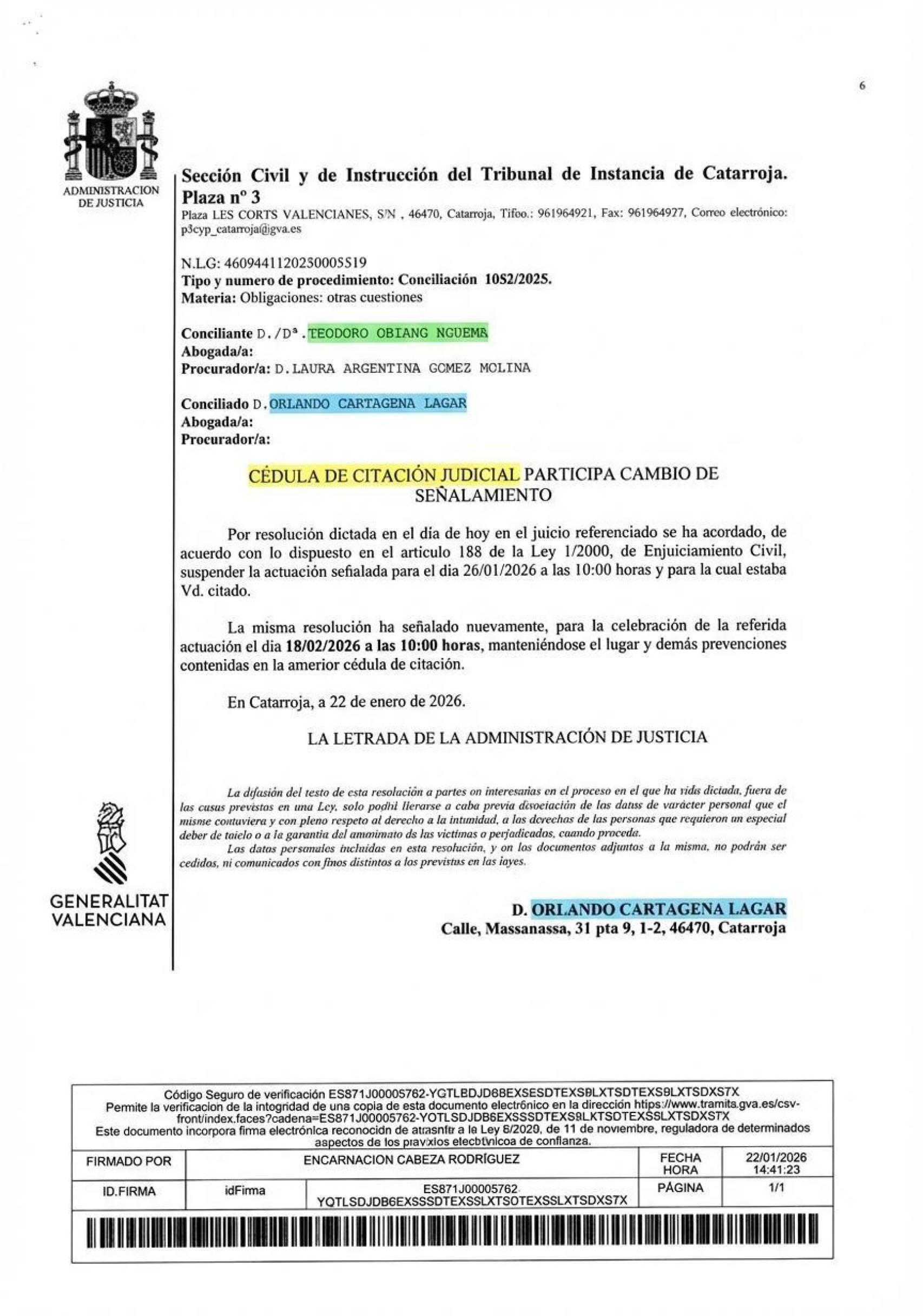 Cabecera de la citación a Orlando Cartagena para el acto de conciliación, al que no acudirá personalmente Teodoro Obiang Nguema.