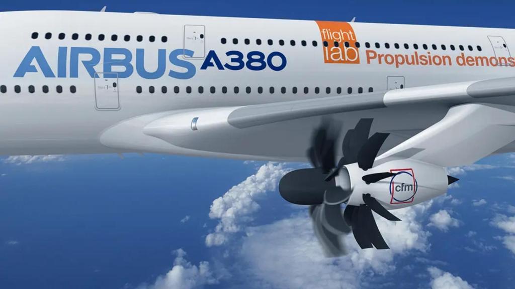 Ilustración de un Airbus A380 con un motor Open Fan