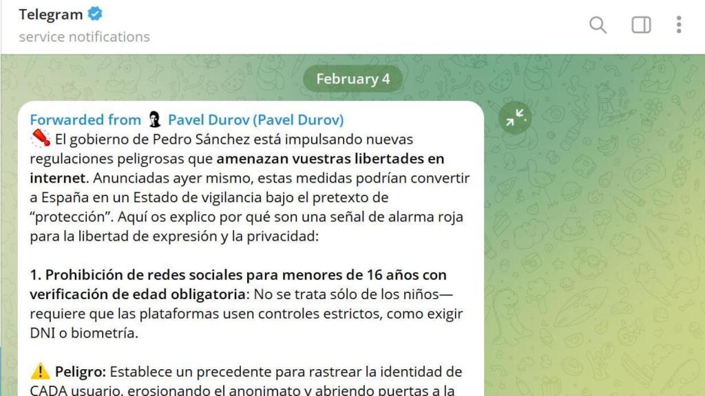 Captura del mensaje de Durov en Telegram contra Sánchez