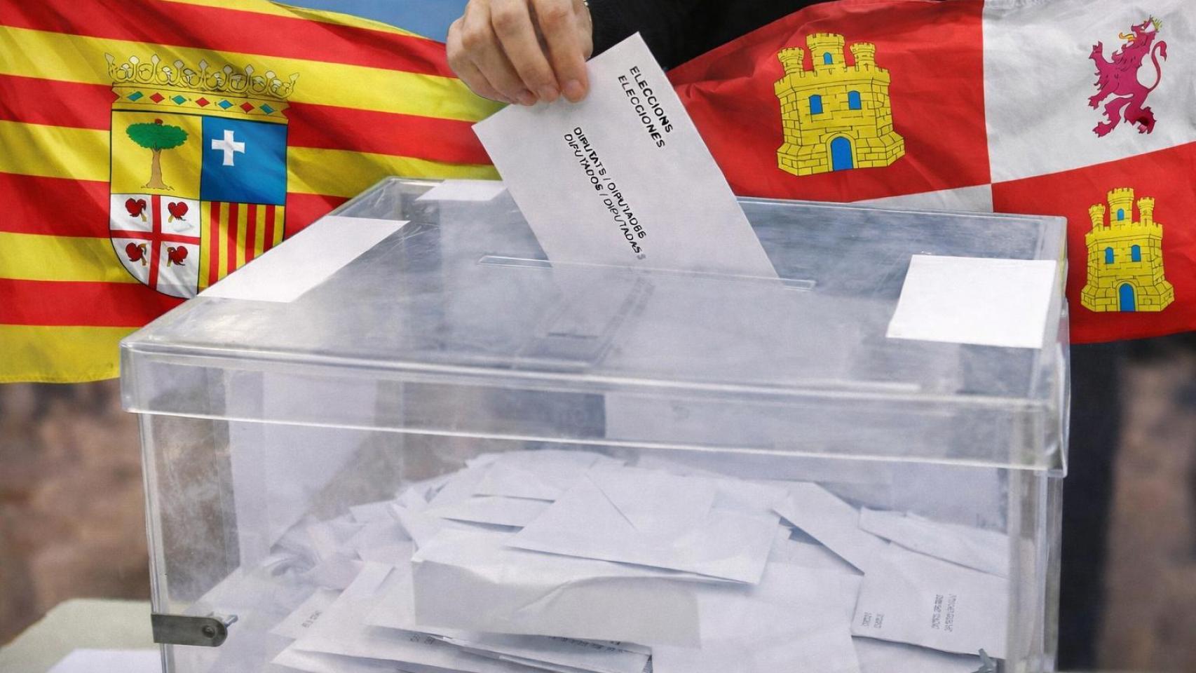 Urna electoral con las banderas autonómicas de Aragón y Castilla y León