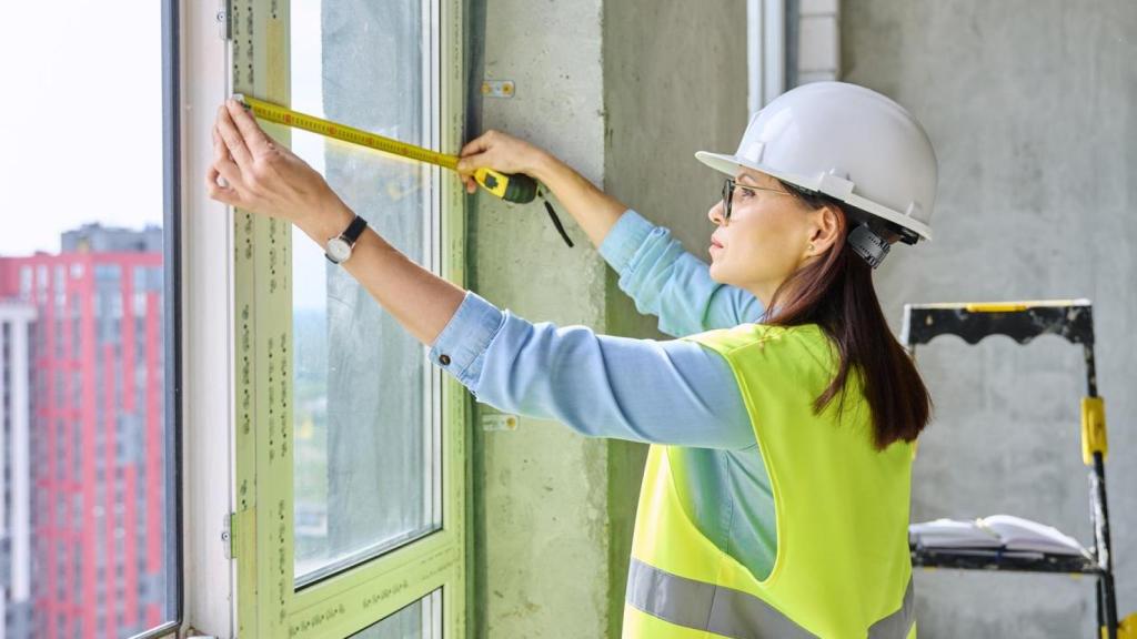 Una mujer con casco de seguridad cambiando las ventanas.