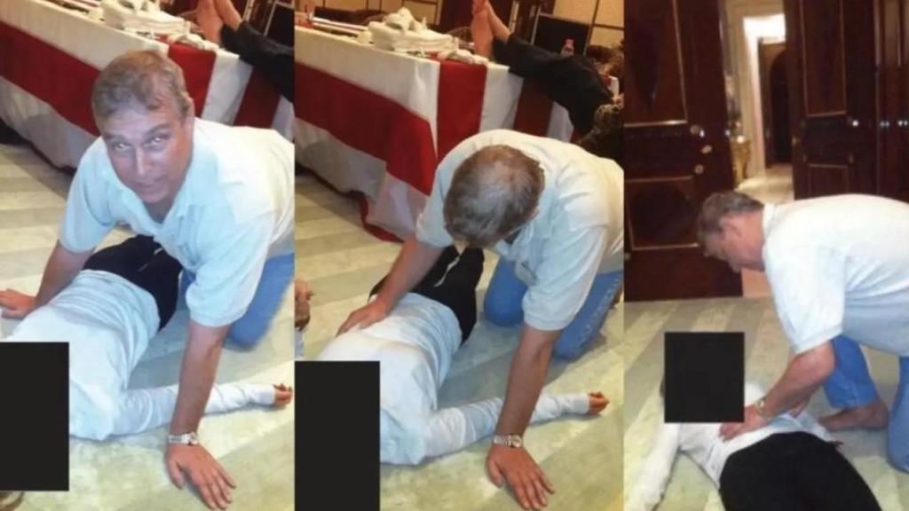 Montaje donde aparece el príncipe Andrés encima de una joven inerme, entre los millones de archivos desclasificados del pederasta Jeffrey Epstein.