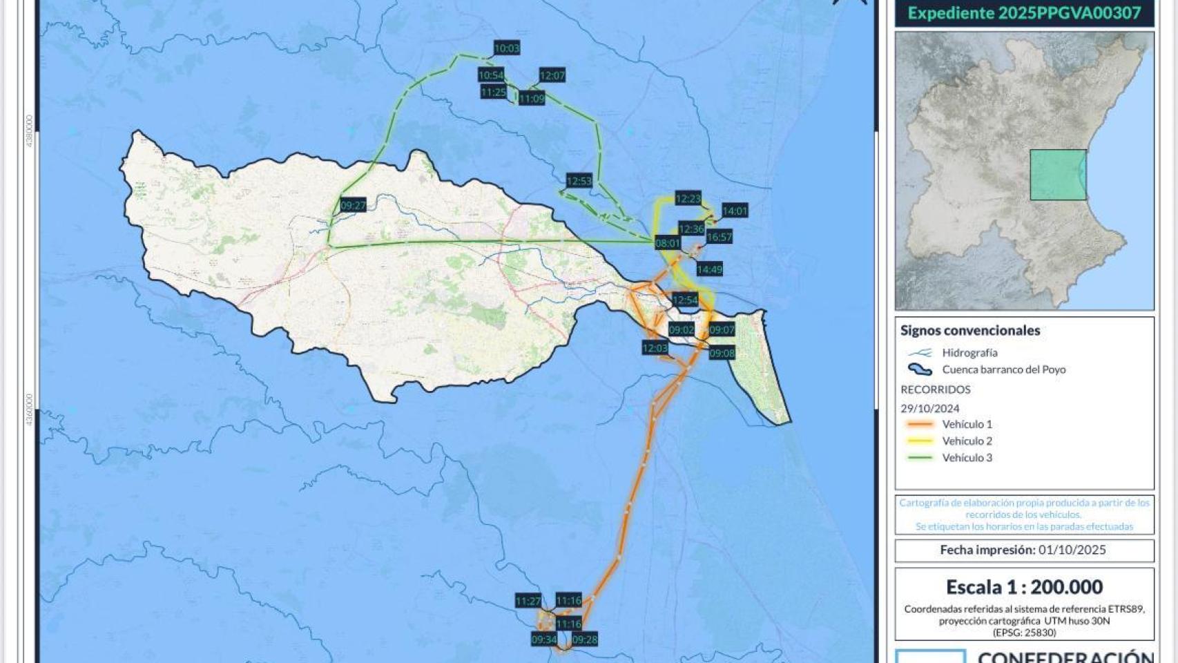 Mapa del recorrido de los vehículos de la CHJ el día de la dana. EE