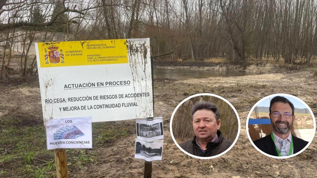 Imagen del azud de Puente Mesa derruido, con el cartel de la actuación del Miteco, y del alcalde de Veganzones, Pedro Cuesta (izq), y el de Cabezuela, Florentino Descalzo (Drch)