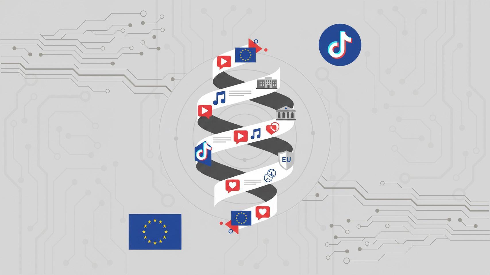 Fotomontaje con una ilustración de scroll infinito y los logos de TikTok y la UE.