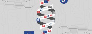 Photomontage with an infinite scroll illustration and the TikTok and EU logos.