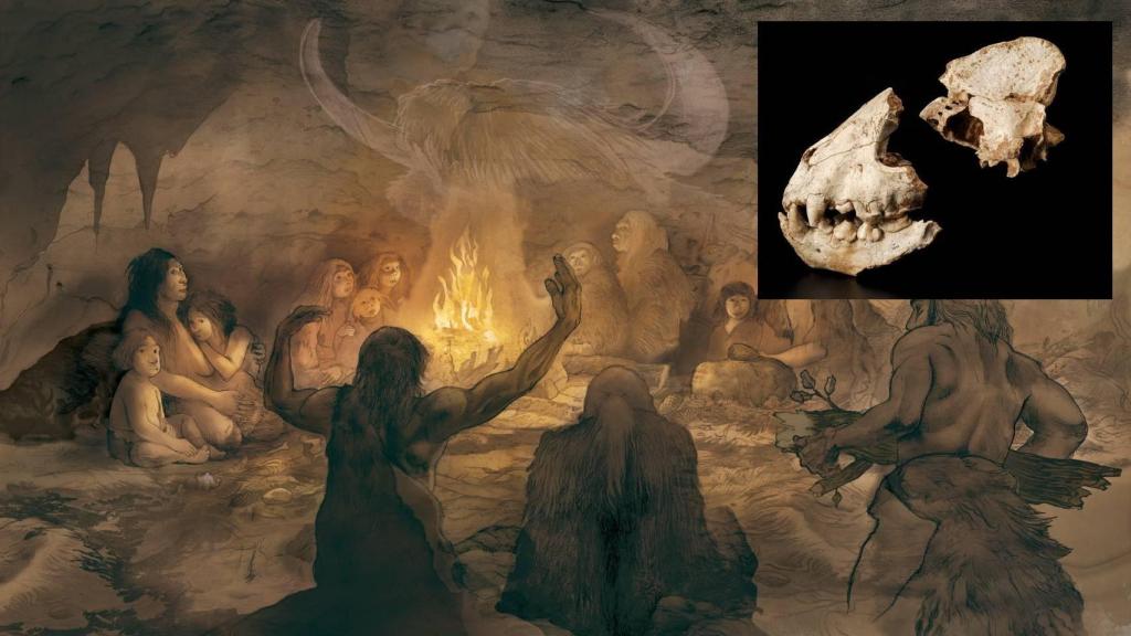 Uno de los cráneos encontrados y una representación del ritual por Albert Alvarez Marsal (CSIC)