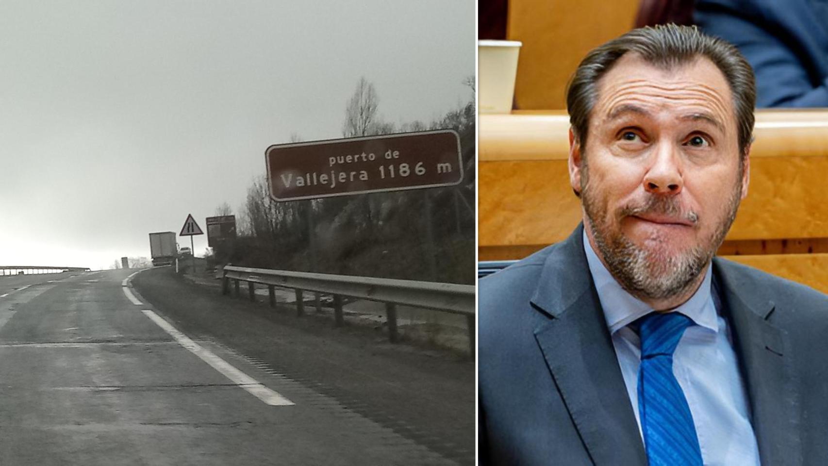 El estado de la carretera A-66 en el Puerto de Vallejera, en Salamanca, y el ministro de Transportes y Movilidad Sostenible, Óscar Puente, en un montaje de EL ESPAÑOL