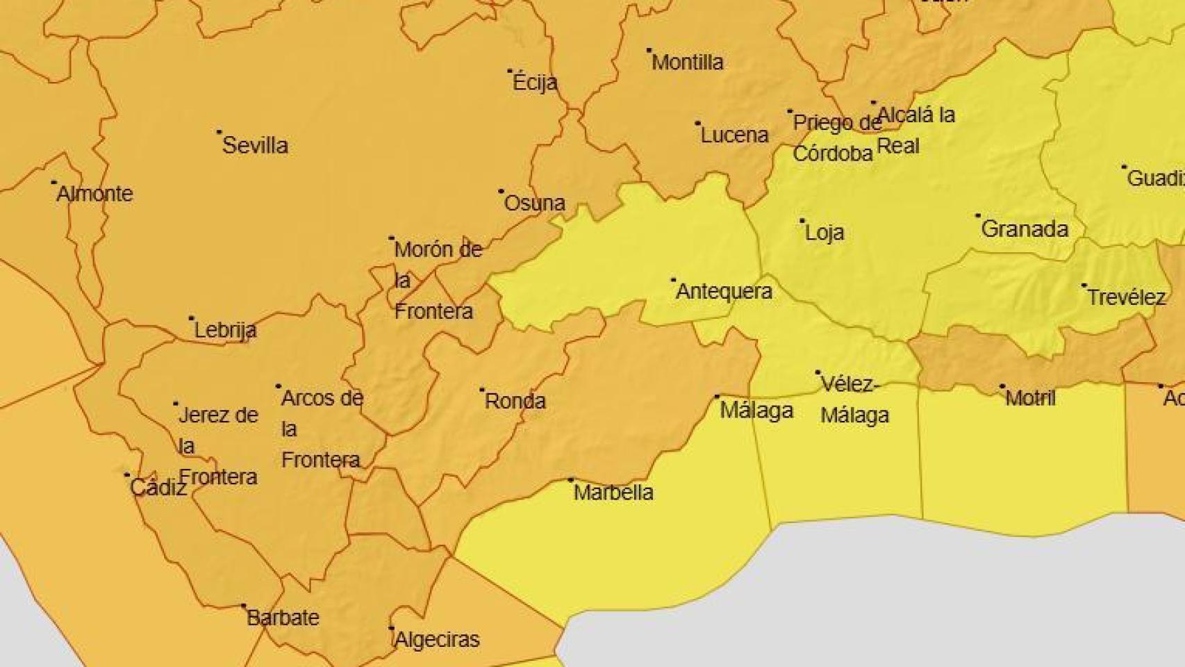 Mapa de la Aemet con los avisos meteorológicos para este sábado.