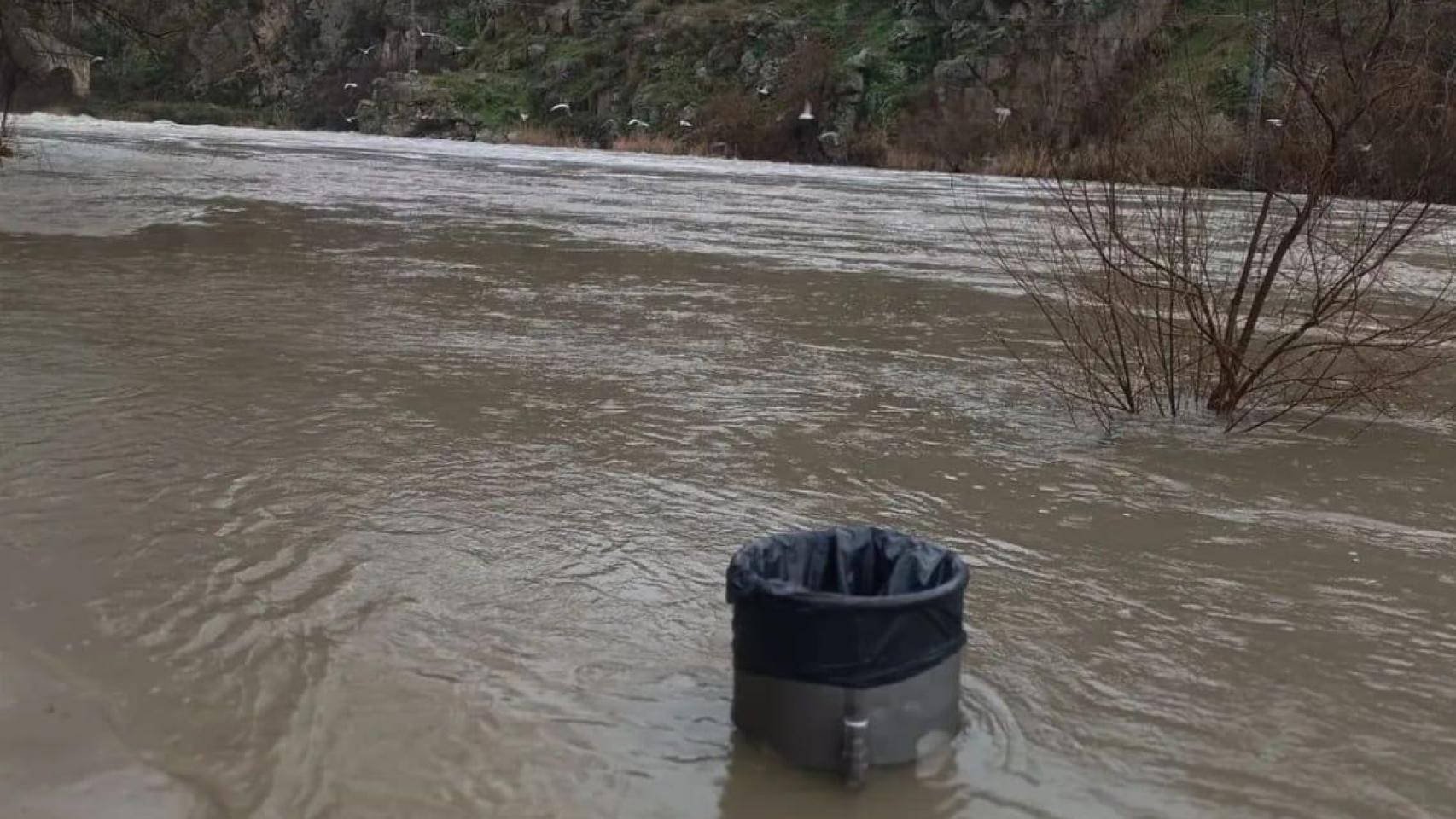 Imagen de la crecida del Tajo, donde el agua alcanza la altura de las papeleras en varios tramos.