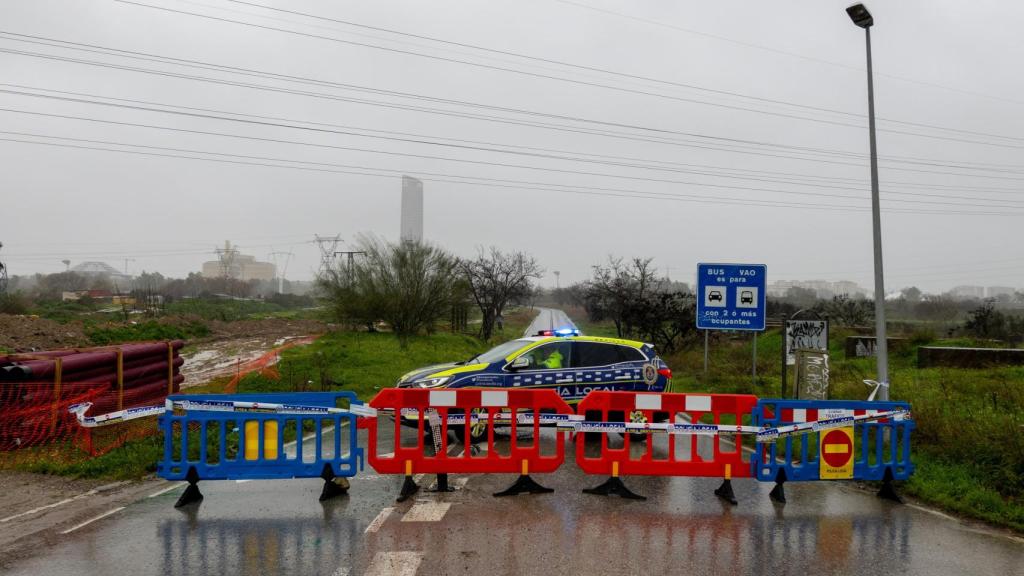 El Guadalquivir a su paso por La Cartuja junto a la zona de aparcamientos con balsas de lluvia.