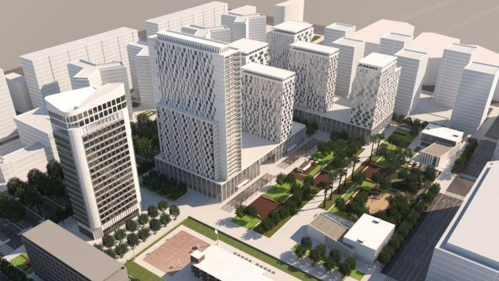 Propuesta para la parcela tras cambiar la ATE (vista aérea de la calle Suecia) con la edificabilidad terciaria sobre rasante. EE