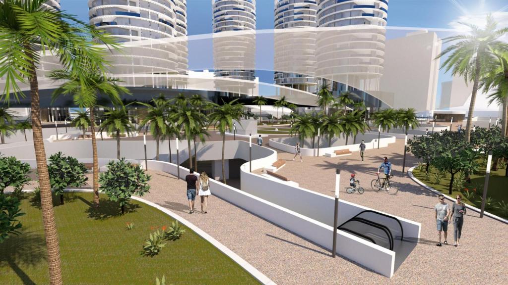 Figuración del proyecto de ADU para de Mestalla, con acceso al área comercial subterránea desde la calle. EE