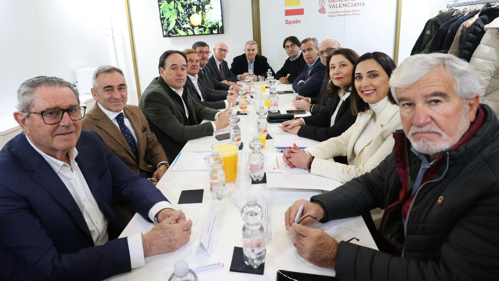 La consejera de Agricultura, Sara Rubira, el presidente de la Generalitat Valenciana, Juanfran Pérez Llorca, y el secretario general de Agricultura de la Junta de Andalucía, Manuel Gómez, en Berlín, reunidos con representantes del sector agrario.