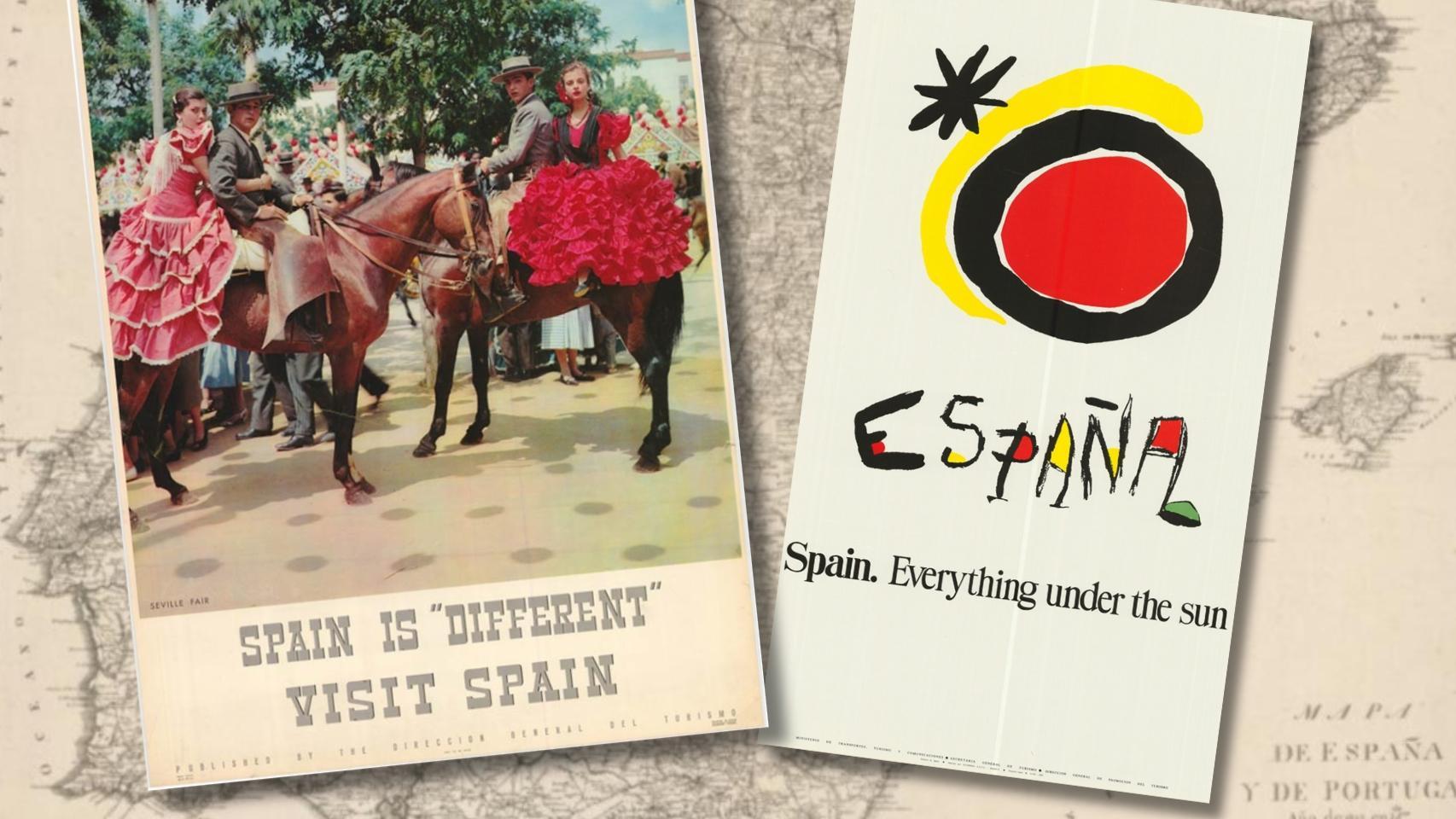 Cartel con el eslogan 'Spain is different'. A la derecha, logotipo creado en 1983 a partir del diseño de Joan Miró para el Mundial de Fútbol de 1982.