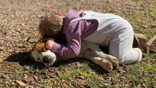 Un niño abrazando a un perro.