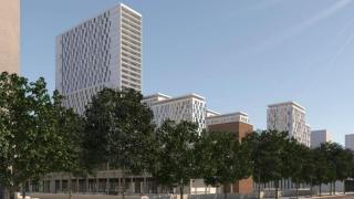 Figuración del edificio icónico en el estudio volumétrico del solar de Mestalla. EE