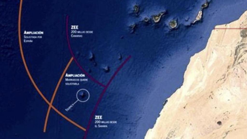Fig. 2. Solapamientos entre las zonas de extensión de la plataforma continental de España y de la plataforma continental del Sahara Occidental, cuya soberanía reclama Marruecos. (ABC. Foto blogspot.com)