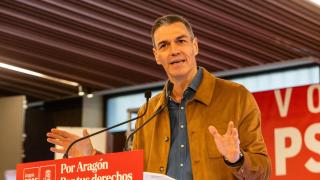Pedro Sánchez durante un meeting del PSOE.
