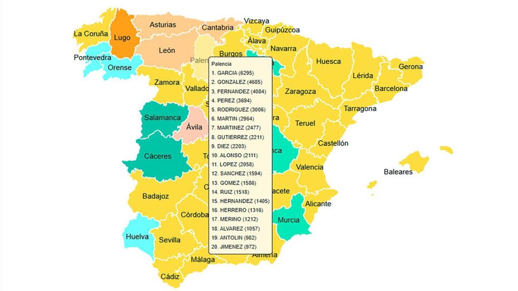 El mapa de los apellidos más comunes en España