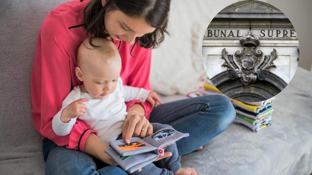 Montaje de una familia monoparental (Pixabay) con la fachada del Tribunal Supremo.