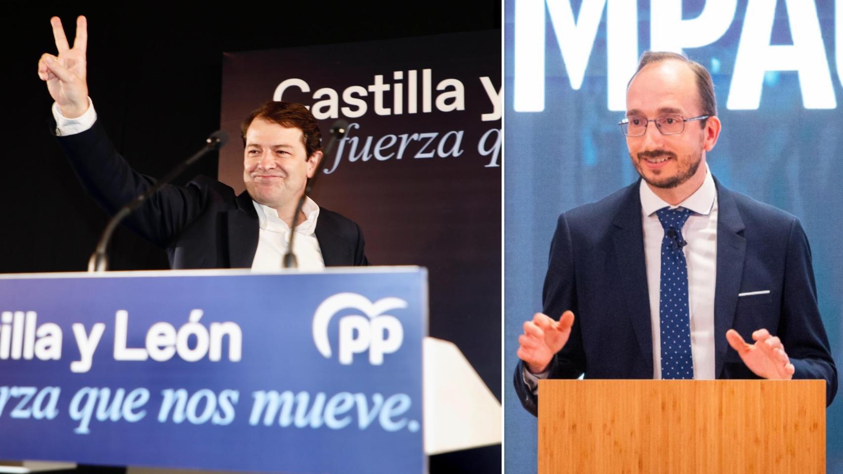 El presidente de la Junta y del PPCyL, Alfonso Fernández Mañueco, durante la celebración de los resultados electorales de las elecciones del 13 de febrero de 2022 y el director académico de la Institución Educativa Aleph, Pablo Martín, en un montaje de EL ESPAÑOL